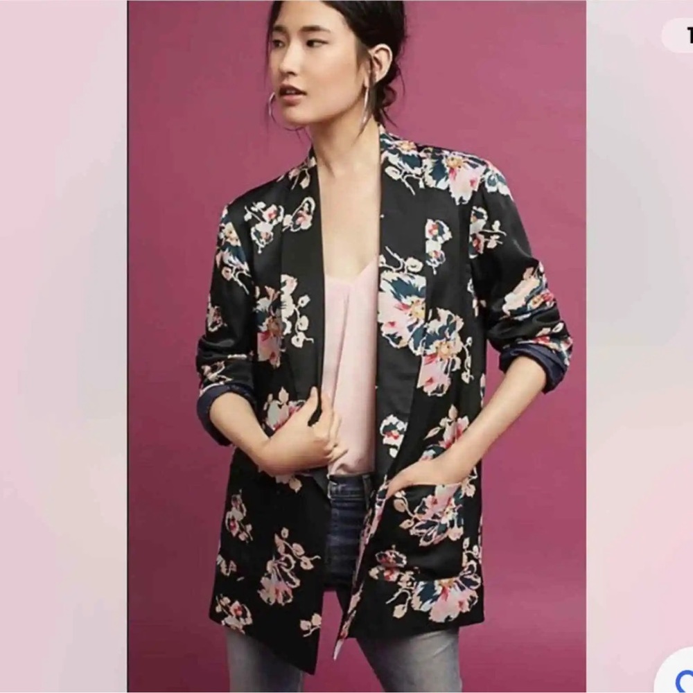 Anthropologie Ett:Twa Black & Pink Floral Tatie Satin Open Blazer Jacket…